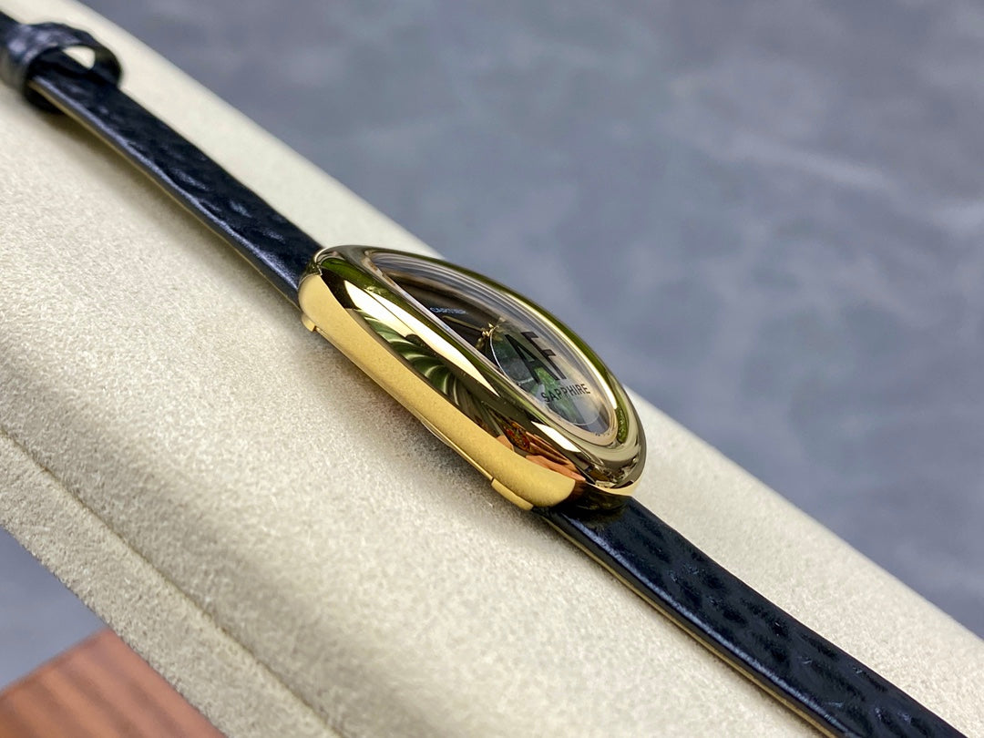BAIGNOIRE MINI MODEL WATCH GOLD CASE WITH BLACK LEATHER STRAP