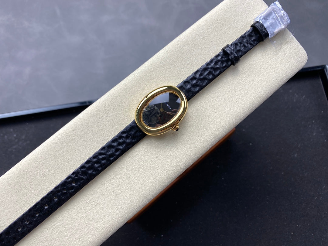 BAIGNOIRE MINI MODEL WATCH GOLD CASE WITH BLACK LEATHER STRAP