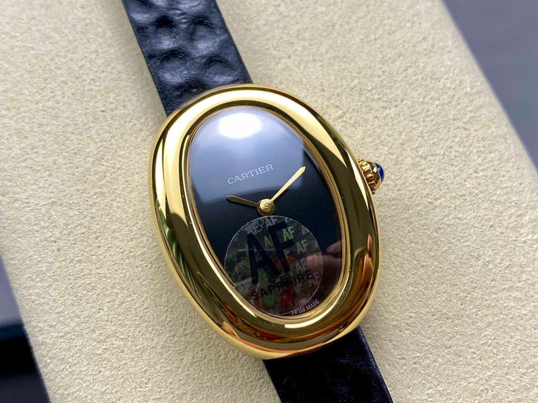 BAIGNOIRE MINI MODEL WATCH GOLD CASE WITH BLACK LEATHER STRAP