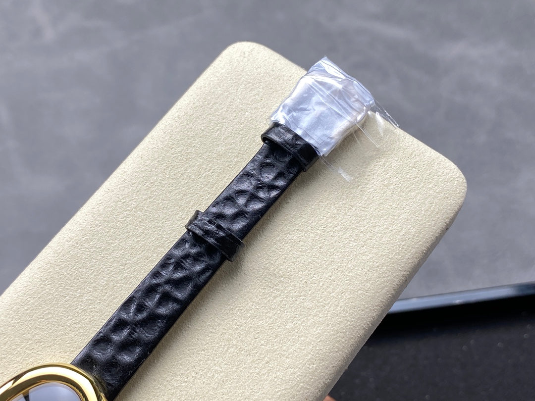 BAIGNOIRE MINI MODEL WATCH GOLD CASE WITH BLACK LEATHER STRAP