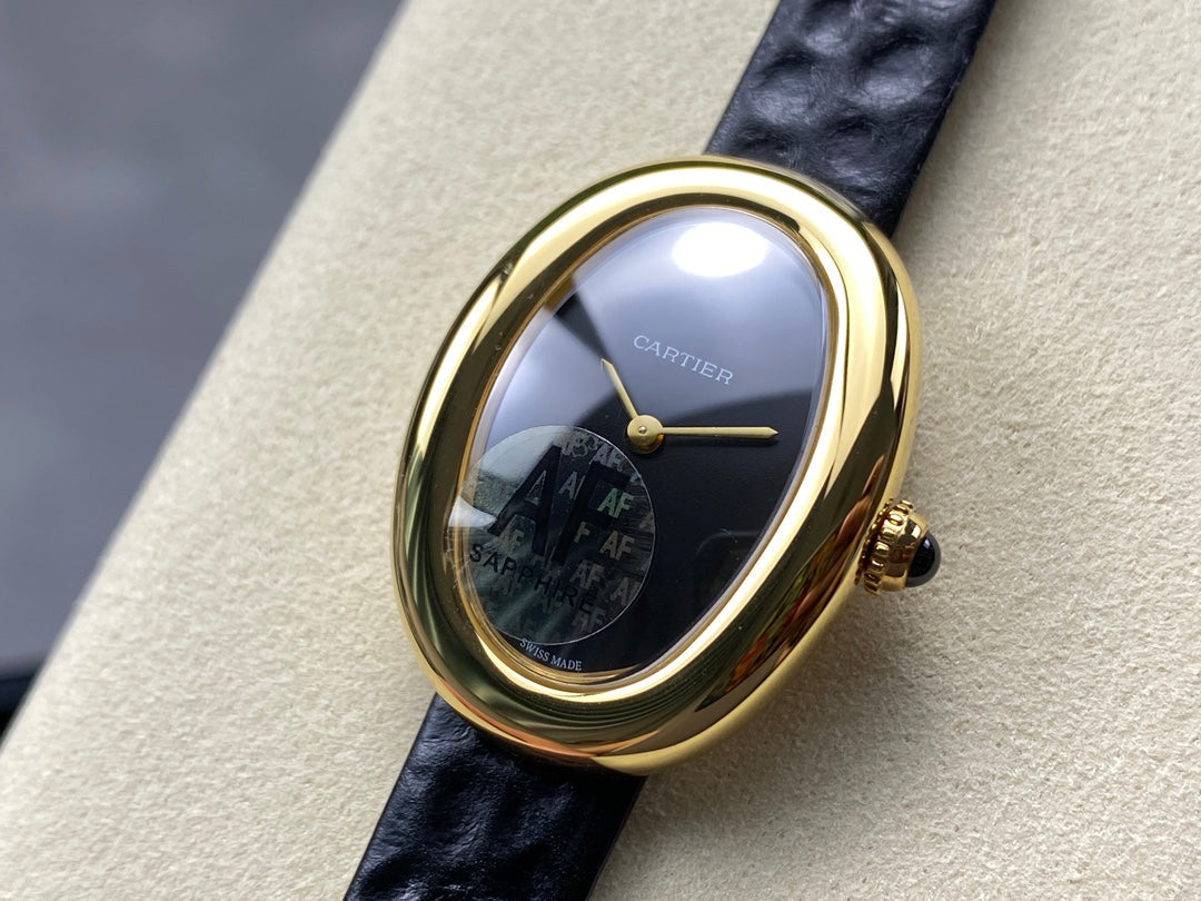 BAIGNOIRE MINI MODEL WATCH GOLD CASE WITH BLACK LEATHER STRAP