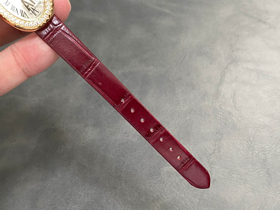 BAIGNOIRE MINI MODEL WATCH GOLD CASE WITH WINE RED LEATHER STRAP WITH CRYSTAL