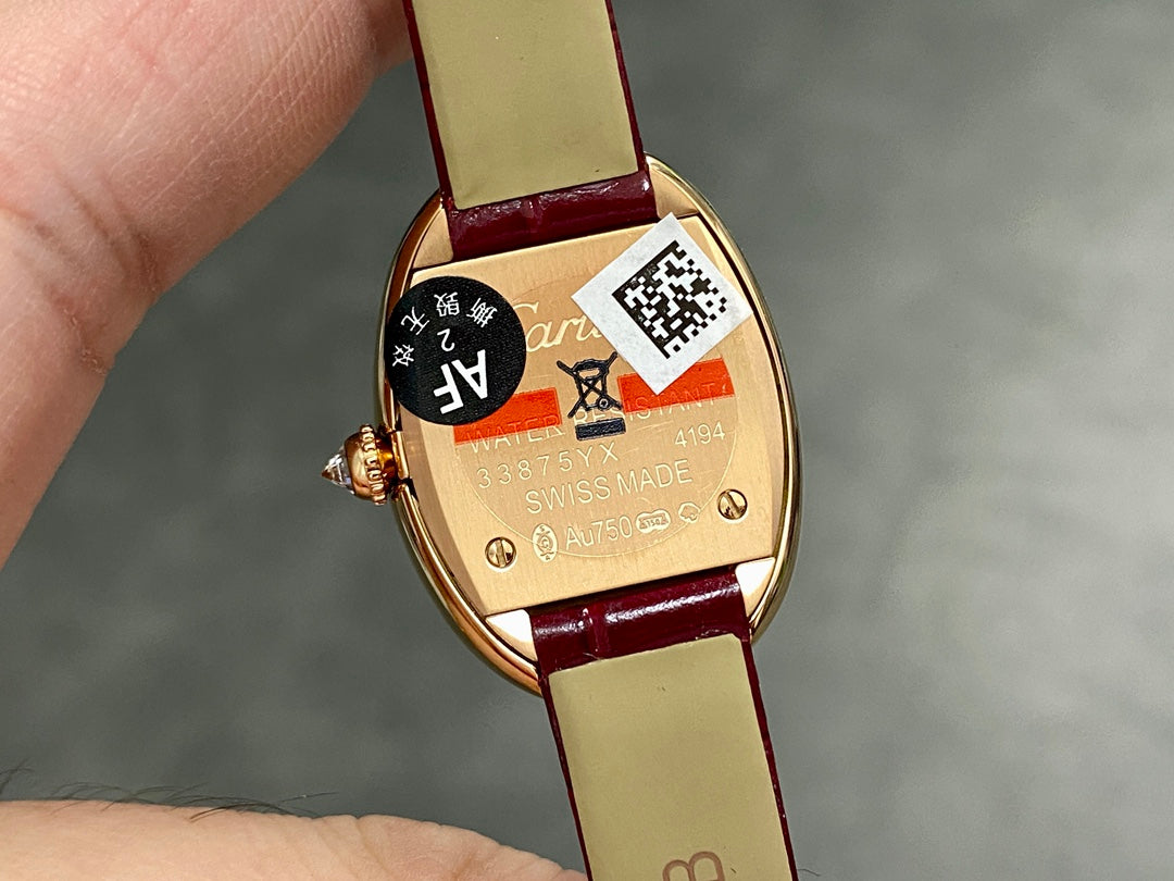 BAIGNOIRE MINI MODEL WATCH GOLD CASE WITH WINE RED LEATHER STRAP WITH CRYSTAL