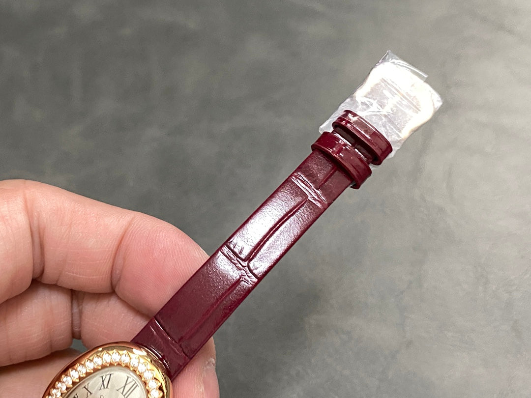 BAIGNOIRE MINI MODEL WATCH GOLD CASE WITH WINE RED LEATHER STRAP WITH CRYSTAL