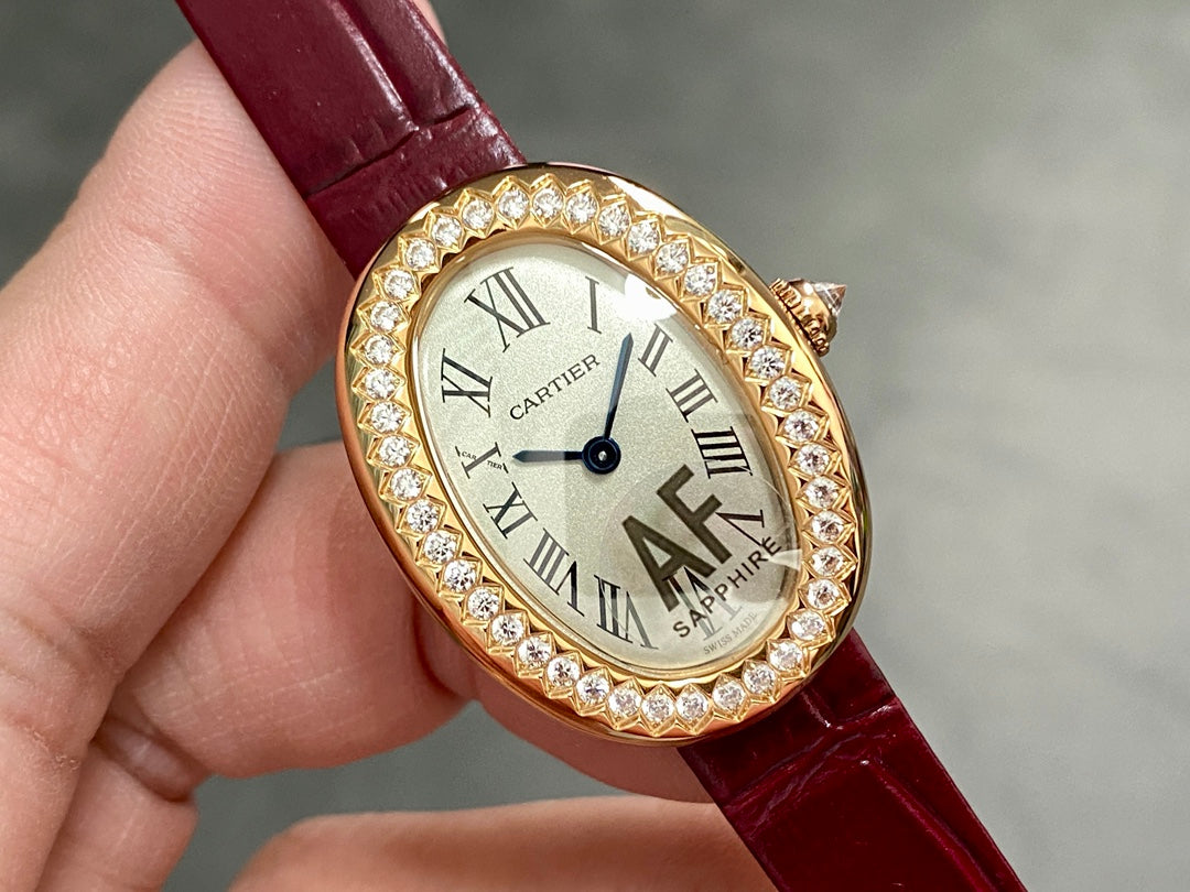 BAIGNOIRE MINI MODEL WATCH GOLD CASE WITH WINE RED LEATHER STRAP WITH CRYSTAL