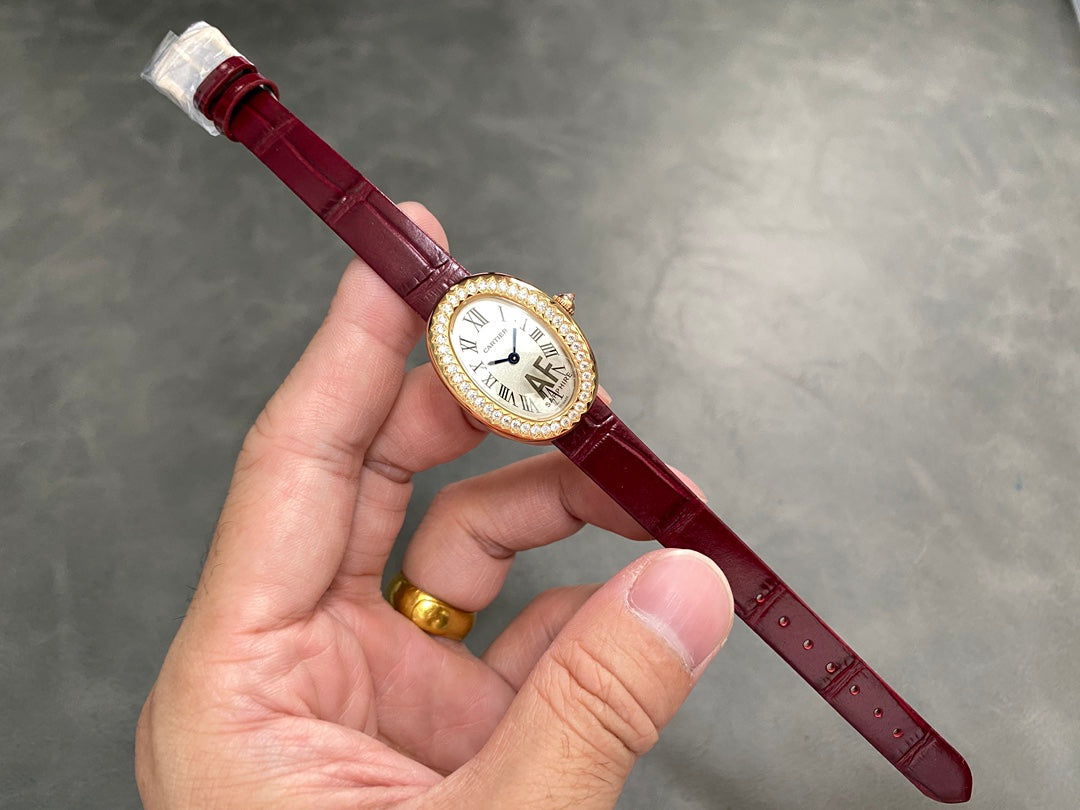 BAIGNOIRE MINI MODEL WATCH GOLD CASE WITH WINE RED LEATHER STRAP WITH CRYSTAL