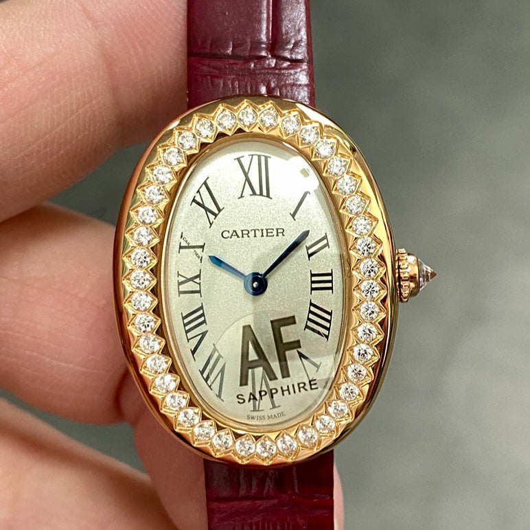 BAIGNOIRE MINI MODEL WATCH GOLD CASE WITH WINE RED LEATHER STRAP WITH CRYSTAL