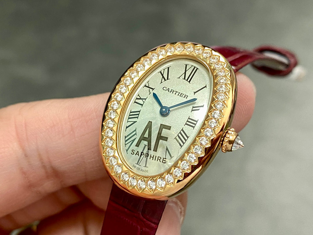 BAIGNOIRE MINI MODEL WATCH GOLD CASE WITH WINE RED LEATHER STRAP WITH CRYSTAL