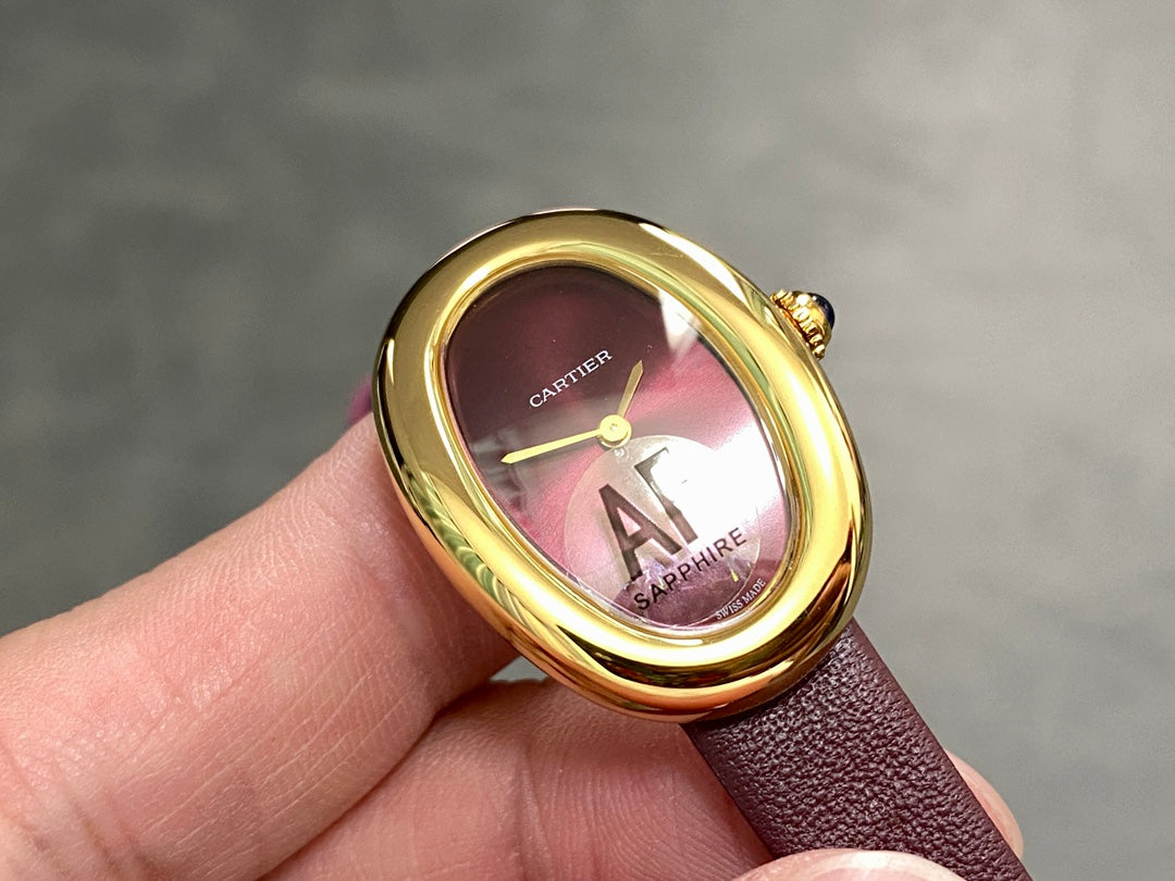 BAIGNOIRE MINI MODEL WATCH GOLD CASE WITH WINE RED LEATHER STRAP
