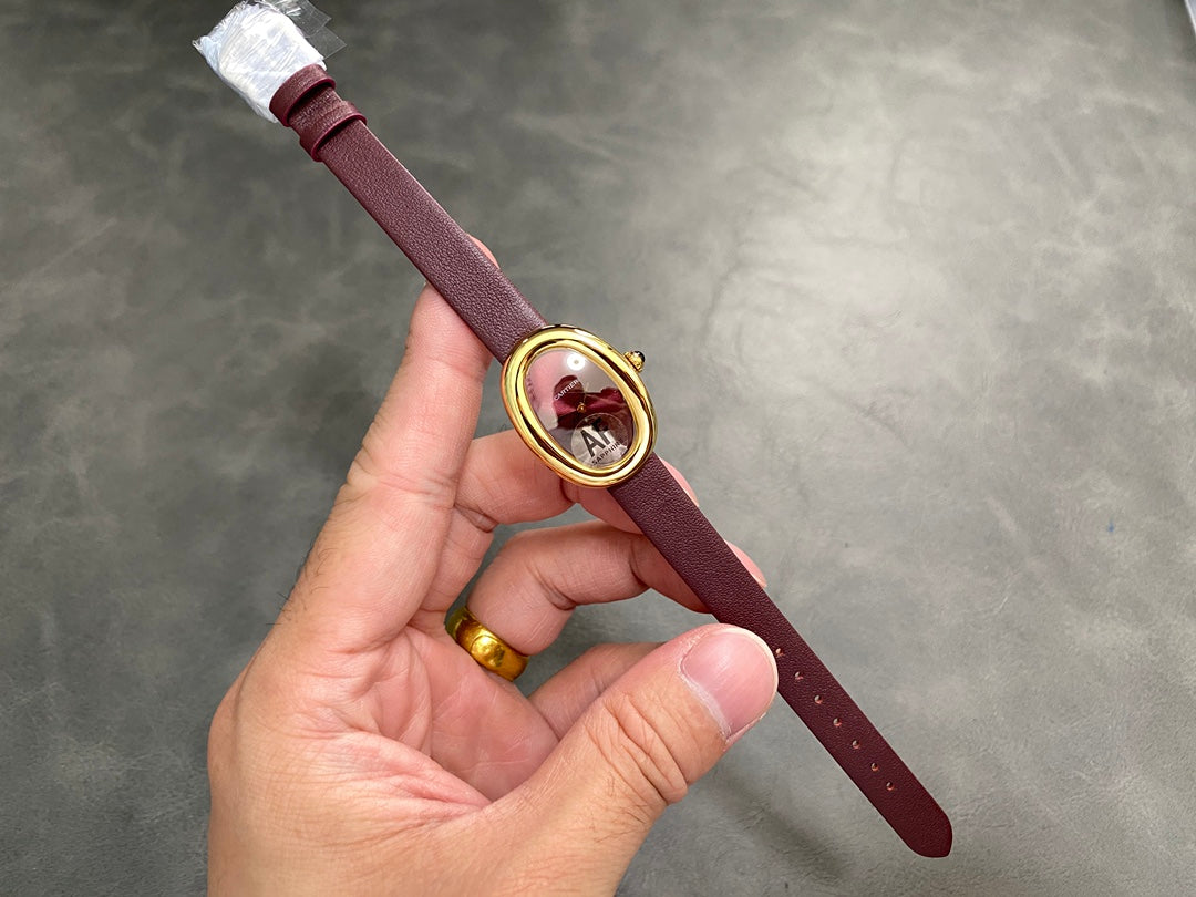 BAIGNOIRE MINI MODEL WATCH GOLD CASE WITH WINE RED LEATHER STRAP