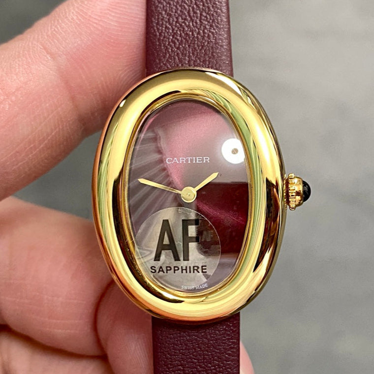 BAIGNOIRE MINI MODEL WATCH GOLD CASE WITH WINE RED LEATHER STRAP